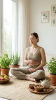 Young Caucasian woman meditating in lotus pose at home, surrounded by herbs, fruits and tea, practicing mindfulness and gut health wellness.