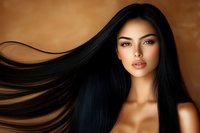 Asian woman with flowing long black straight hair against brown background, natural makeup, bare shoulders, fashion beauty portrait with dramatic lighting.