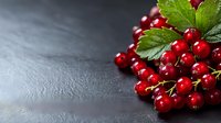 Fresh ripe red currant berries with green leaves on dark stone background. Natural healthy food concept for packaging design and menu decoration.