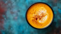 Creamy pumpkin soup garnished with spices and cream swirl in black bowl against turquoise background, overhead view. Food photography for seasonal menu and recipes.