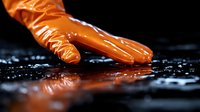 Orange protective glove touching wet surface with water droplets in dramatic lighting, close-up macro photography against dark background.