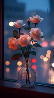 Delicate pink roses in glass vase on windowsill at dusk with soft bokeh lights and raindrops creating dreamy romantic atmosphere for greeting cards and decor.