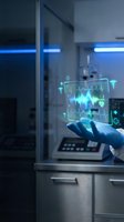Medical professional in blue gloves holding holographic health data display with vital signs in modern hospital laboratory for healthcare technology applications.