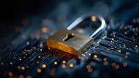 Digital security padlock on circuit board with glowing connections representing cybersecurity data protection and network safety technology.