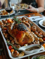 Roasted whole chicken with herbs, mushrooms and vegetables on metal baking tray. Golden brown crispy skin garnished with rosemary sprigs and served with sauce.