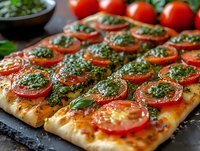 Fresh focaccia bread topped with sliced tomatoes and homemade basil pesto sauce, baked until golden brown, served on dark stone background for food photography.
