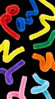 Colorful fuzzy pipe cleaners in red, blue, yellow, green, orange, purple, pink, and light blue arranged on transparent background. Ready for craft projects, educational materials, clipart, stickers, and design elements.