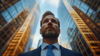 Confident Caucasian businessman with beard looking up at modern skyscrapers in financial district. Low angle view captures corporate success and ambition.