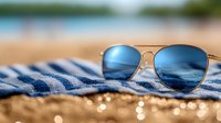 Stylish aviator sunglasses with blue mirrored lenses resting on striped beach towel with golden sand and blurred ocean background for summer vacation.
