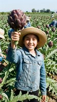 Young Hispanic girl farmer holding fresh artichoke in agricultural field wearing straw hat and denim jacket with workers harvesting vegetables in background.