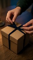 Person with medium skin tone tying black ribbon bow on kraft paper wrapped gift box for holiday present wrapping, gifting, and celebration occasions.