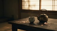 Traditional Japanese tea ceremony setup with ceramic teapot and cup on wooden table in serene room with natural lighting for meditation and mindfulness practices.