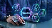 Businessman hand touching digital interface with personalization hexagonal icons showing customer experience, analytics and targeting concepts.
