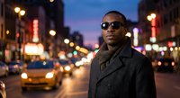 Confident African American man in sunglasses and coat standing on busy city street at dusk with glowing lights and traffic in background.