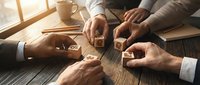 Business team assembling wooden puzzle pieces on office desk representing teamwork, collaboration and problem-solving in corporate environment.