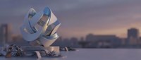 Modern abstract metal sculpture with flowing ribbons against urban skyline at sunset, contemporary art installation for architectural visualization.