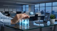 Business professional protecting holographic team figures with hand gesture in modern office environment symbolizing employee care and leadership.