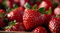 Fresh ripe strawberries with green leaves in macro shot showing detailed texture and natural patterns, bright red color and juicy appearance on dark background.