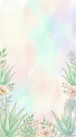 Pastel watercolor background with succulents, aloe vera, and delicate flowers, soft pink, mint, and lavender tones, copy space for text.