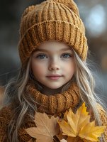 Young blonde girl with blue eyes wearing mustard knit beanie and scarf holds autumn maple leaf, soft bokeh background creates dreamy fall portrait mood.