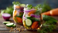 Fresh pickled vegetables in glass jars with dill, cucumber, carrot and red onion. Homemade fermented food for healthy gut on rustic wooden table.