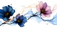 Delicate watercolor flowers in navy blue and dusty pink with transparent flowing lines create an elegant botanical composition on white background. Suitable for wall art.