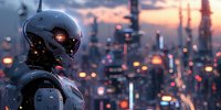 Futuristic robotic figure against urban cyberpunk cityscape with glowing lights and sunset sky, perfect for sci-fi book covers and technology concept designs.