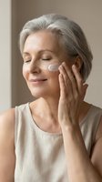 Mature Caucasian woman applying anti-aging face cream with closed eyes, enjoying skincare routine in natural light for wellness and beauty care.