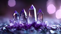 Purple amethyst crystal cluster with sparkling faceted points on dark surface with soft bokeh lights creating magical healing energy atmosphere.