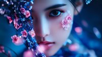 Young woman with artistic makeup and pink cherry blossoms against blue background, creating ethereal fantasy portrait for beauty advertising.