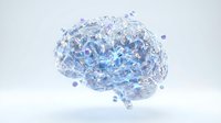 Crystal clear glass brain with neural network connections and glowing particles on white background for medical technology and artificial intelligence concepts.