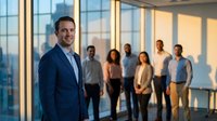 Confident businessman in suit leading diverse professional team in modern office with city skyline view during golden hour lighting for corporate success concepts.