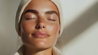 Young Asian woman with glowing skin wearing white beanie hat, eyes closed with serene expression, natural makeup and dewy complexion in soft natural lighting.