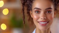 Young African American woman with natural curly hair and radiant smile against warm bokeh lights background, expressing joy and confidence in casual setting.