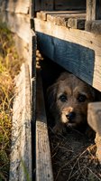 Dark-haired terrier mix peering from rustic wooden doghouse entrance with weathered timber frame and straw bedding, suitable for pet care and animal welfare content.