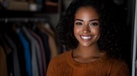 Young African American woman with curly hair and bright smile wearing orange sweater against blurred clothing store background, radiating warmth and confidence in casual retail setting.