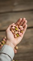 Handful of roasted pistachios in shell held in open palm against wooden surface background. Snack food concept.