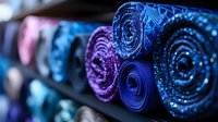 Colorful fabric rolls with intricate patterns displayed on shelves in textile store. Vibrant blue and purple materials with decorative designs for fashion industry.