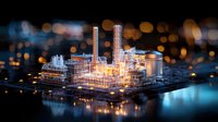 Illuminated industrial refinery plant with glowing lights and bokeh effect at night, reflecting on water surface. Modern petrochemical facility architecture.