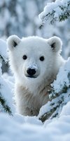 Adorable polar bear cub portrait in snowy winter forest with snow-covered evergreen branches creating natural frame for wildlife photography and nature content.