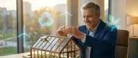 Mature businessman holding wooden house model with recycling symbols, sustainable development and eco-friendly real estate investment concept for green building projects.