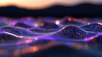 Abstract flowing waves of glowing purple and blue particles against dark background with bokeh light effects and sunset horizon, creating magical atmosphere.