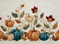 Autumn harvest embroidery with colorful pumpkins, maple leaves, and decorative vines on beige fabric. Perfect for seasonal home decor.