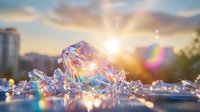 Crystal clear water splash with rainbow light refraction against dramatic sunset sky and urban silhouette background.