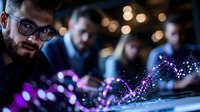 Young bearded businessman in glasses examining glowing digital visualization with colleagues at dark office meeting. Purple data analytics display.