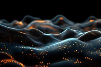 Abstract digital landscape with flowing waves of particles in dark blue and orange colors creating dynamic terrain visualization for technology backgrounds.