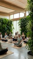 Diverse group of men and women practicing yoga in a bright, plant-filled studio with wooden beams, large windows, and natural light during a mindfulness session.
