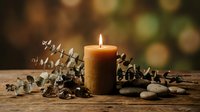 Burning candle with eucalyptus branches and smooth stones on wooden surface creating peaceful spa atmosphere for relaxation and wellness concepts.