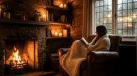 Woman reading book by fireplace in cozy living room with warm lighting and brick wall. Relaxing winter evening at home with comfortable armchair and blanket.