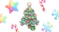 Watercolor Christmas tree with heart ornaments surrounded by festive holiday elements including candy canes, stars and snowflakes on white background.